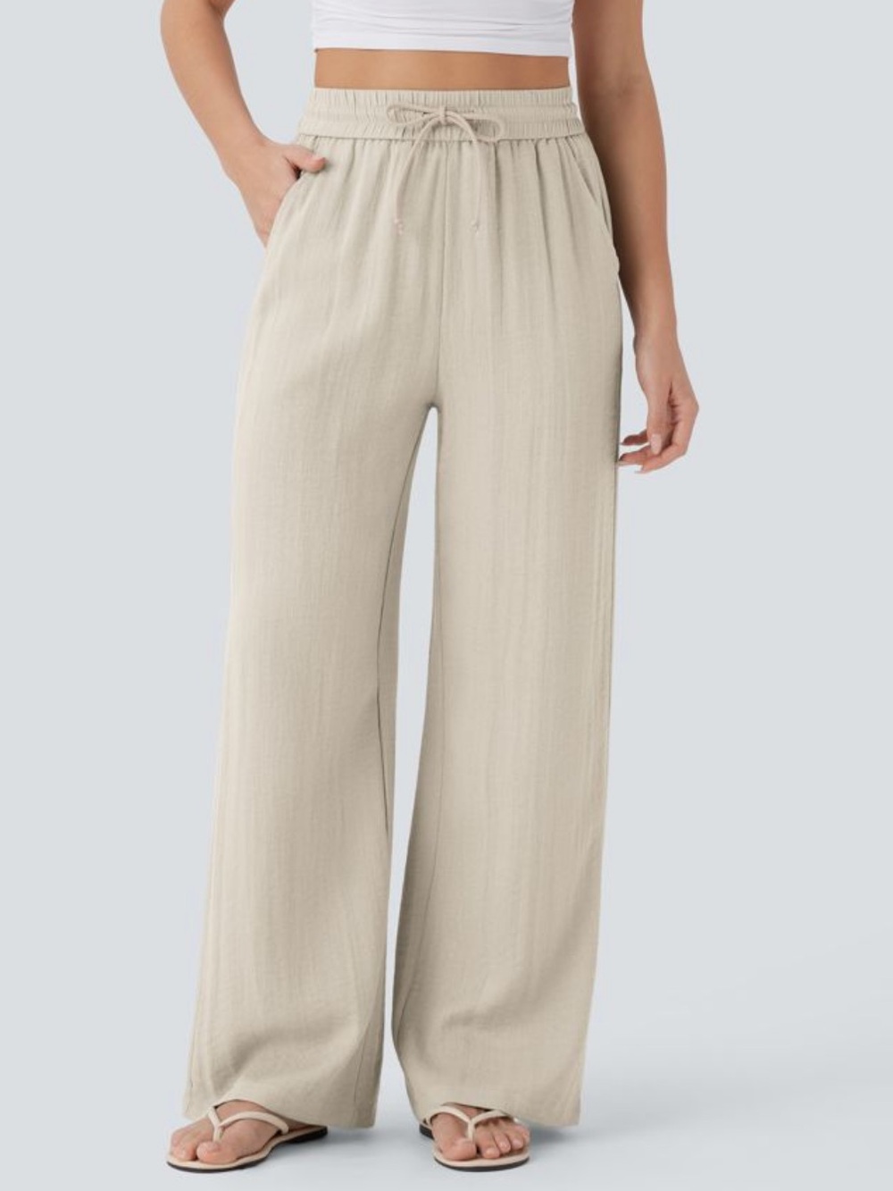 High Waisted Drawstring Pocket Wide Leg Baggy Casual Linen-Feel Pants